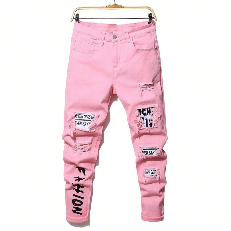 Men's Stretchy Ripped Denim Jeans Slim Fit Straight | SAMAG