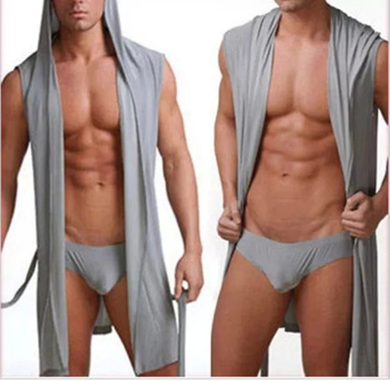 2026 Summer Men's Sexy Sleeveless Pajama Kimono Robe Fashion Loose Casual Hooded Bathrobes Cool Smooth Bath Robe Male Sleep Gown