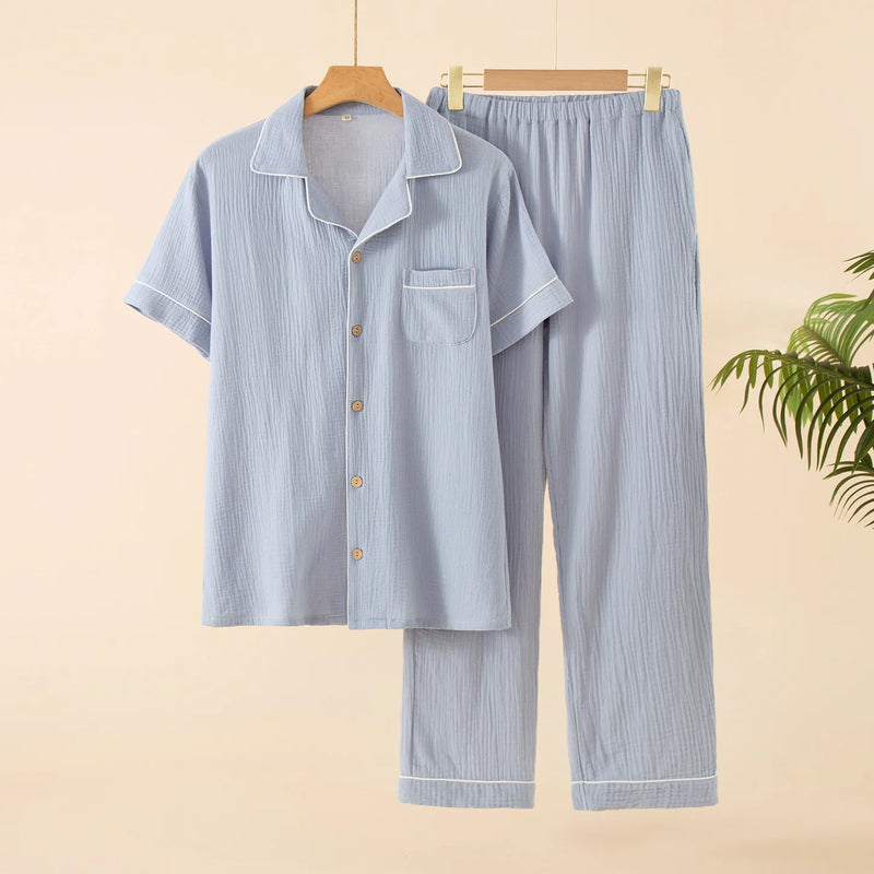 Sleepwear Pajama Male Pajamas Summer Men's Pure Cotton Set Short-sleeved  Long Pants Japanese-style Home Wear Large Size Casual