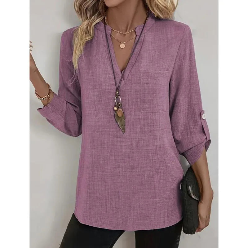 Women's Spring and Summer Fashion Loose Casual Shirt  Retro V-Neck Solid Color Blouse  Elegant Top for Young Women