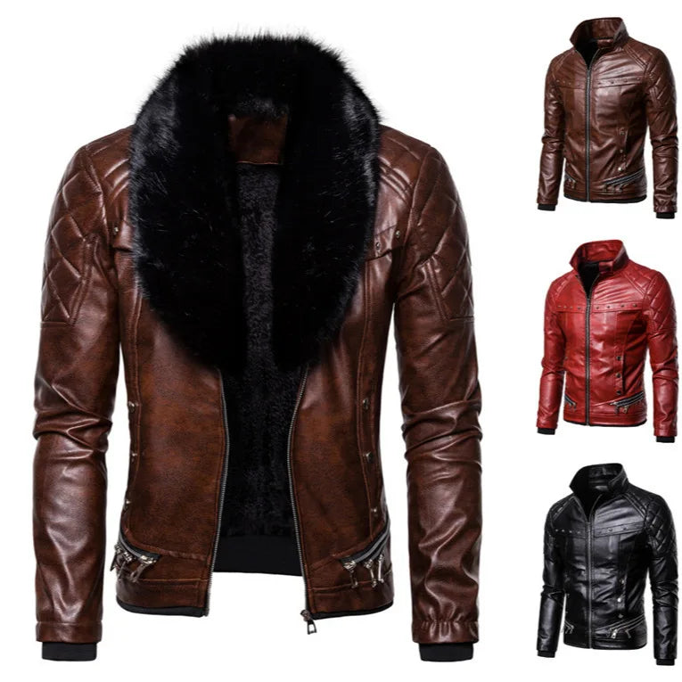 New Winter Fleece Motorcycle Leather Jacket Men Turn Down Fur Collar Slim Fit Warm PU Bomber Jackets Coats Mens Moto Biker Coat