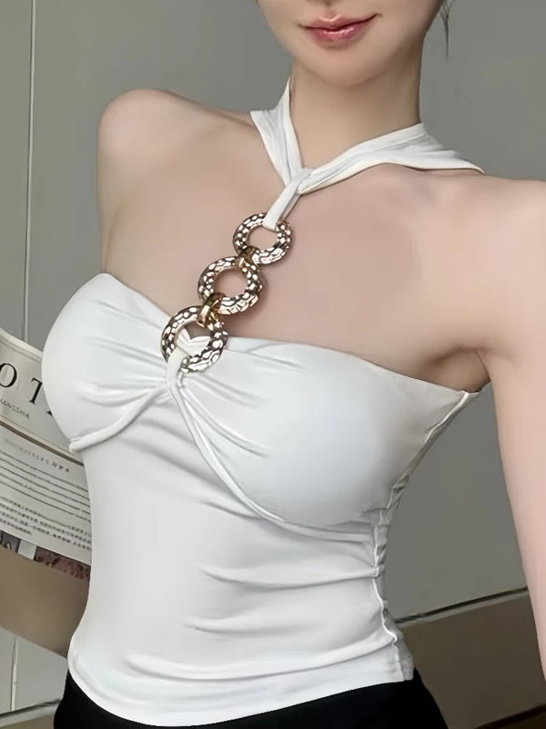 Fashion Sexy One Piece With Chest Pad Slim Versatile Camis Women's 2026 Summer New Chain Halter Tank Top