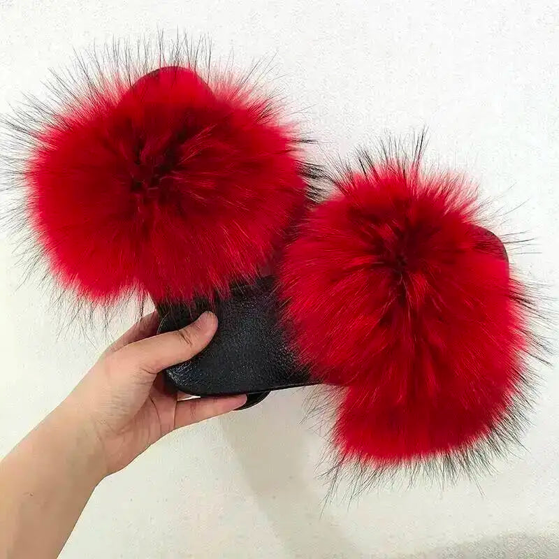 Women Real Raccoon Fur Slides Fluffy Luxury Furry Open Toe Slippers Indoor Outdoor Summer Sandals Non Slip Soft Comfy Sole Cozy