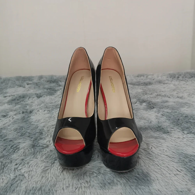 Women Pumps Sexy Platform Peep Toe 14cm Extremely Thin High Heels Stiletto Patent Leather Fashion Party Nighclub Wedding Shoes