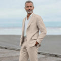 Men's linen casual men's beach party business suit two-piece wedding tailcoat set with split collar suit jacket and pants