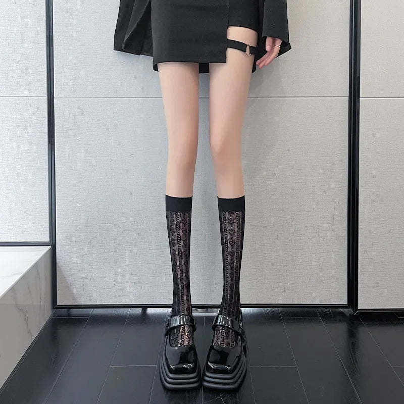 Lace Flower Print Long Socks Lingerie Sexy Floral Mesh High Knee Sock Women Summer Thin Transparent Lolita Kawaii Calf Stockings