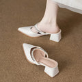 French Style Pointed Toe Chunky Heel V-Cut Mules with Chain Decor, Commute Versatile Comfortable Outdoor Wear Sandals for Women