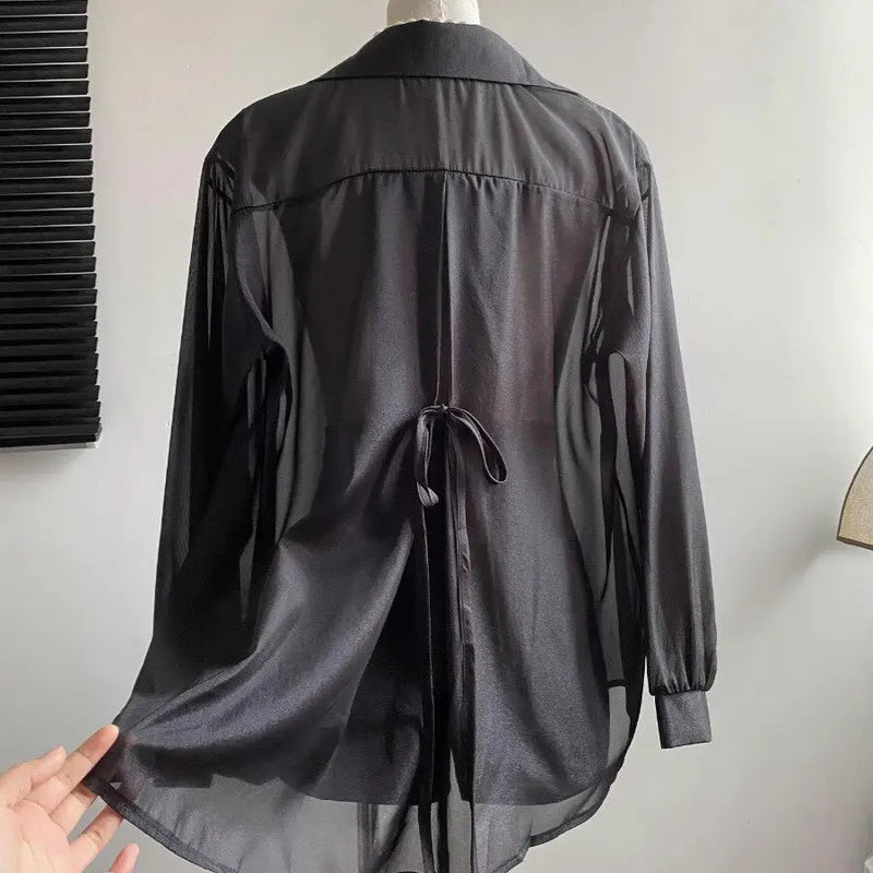 Tie Back Button Down Shirt Women Semi Sheer Chiffon Long - View 8 | SAMAG