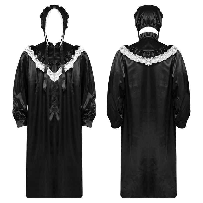 Men Satiny Gothic Victorian Nightgown Robe with Hat Set Lace Trim Long Sleeve Sleep Dress And Lace-up Bonnet for Pajamas Party