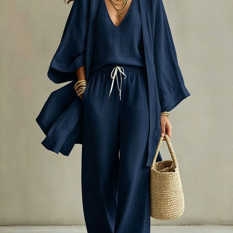 Women Fashion 3-Piece Set Open Front Cardigan Wide Sleeves Matching V-Neck Vest Drawstring Waist Wide Leg Pants Casual Outfit