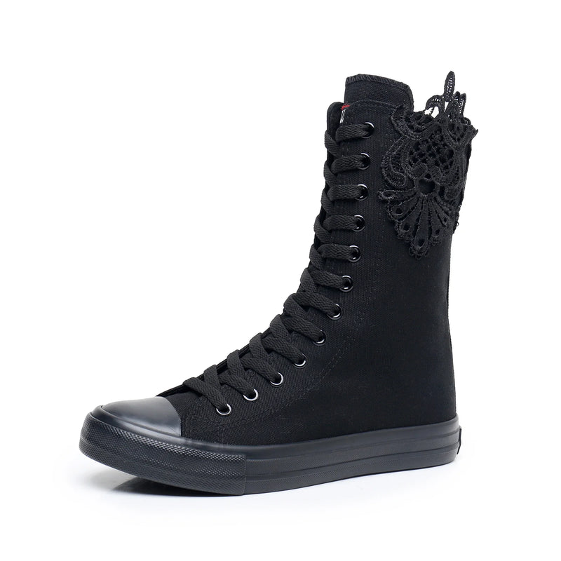 Boots Women Sneakers Canvas Casual High Top Shoes Long Boot Lace-Up Zipper Comfortable Flat Boot Sneakers Tenis Feminino