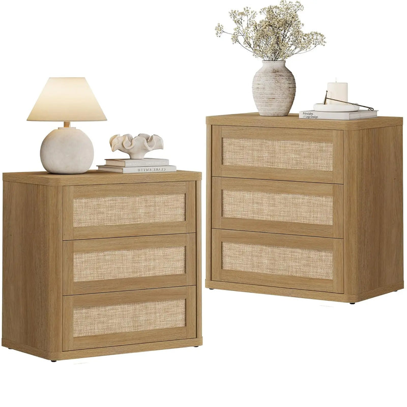 Rattan Night Stand Set of 2, Oversized 3-Drawer Nightstand, Large Bedside Table Boho End Table Storage Cabinet with, Customized