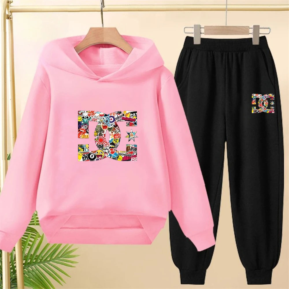Children's hoodie 3-12 years girls pink boy black tops+pants set leisure sweatshirt printing fashion Kids autumn clothing