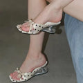 Retro French Polka Dot Bow Mule Sandals for Women, Square Toe Mid-Heel Hollow-Out Heel Slides, Versatile Outdoor Slippers