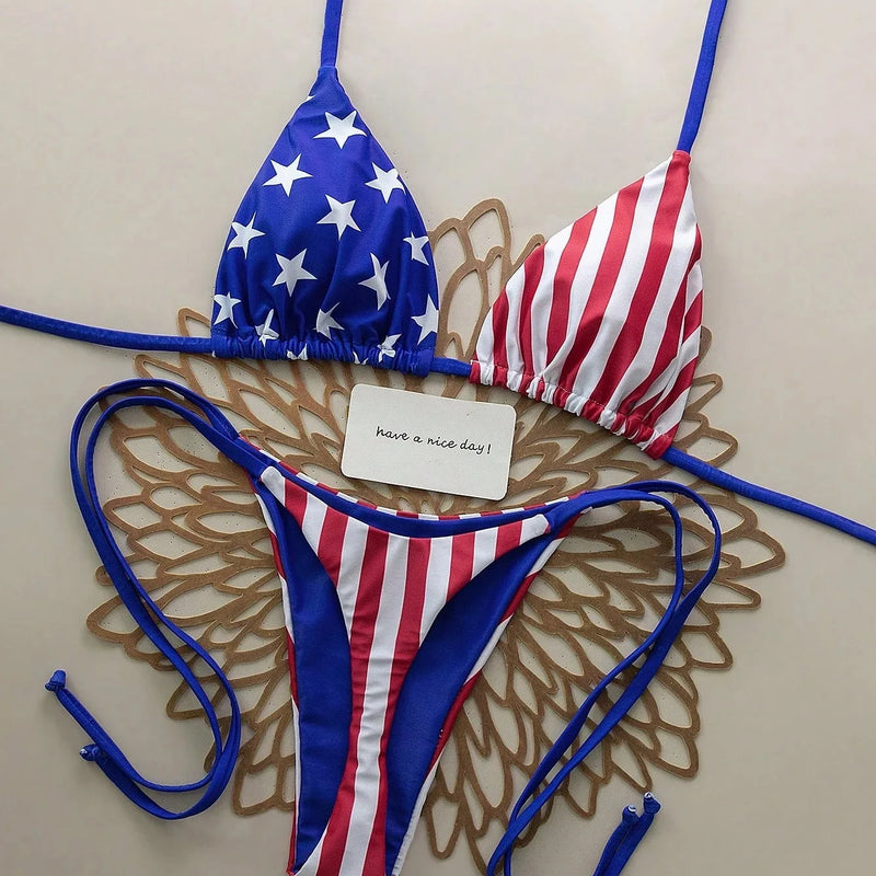 Vintage American Flag Print Bikini Set Halter String | SAMAG