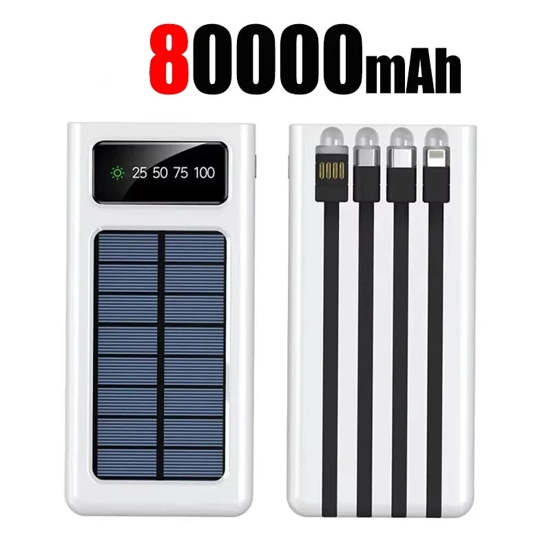 Portable Solar Charger Power Bank High Capacity External Rechargeable Solar Battery With 4 Cables For iPhone Samsung 2026