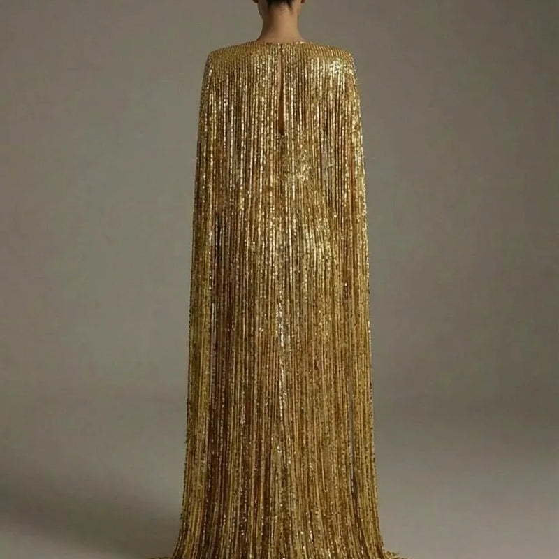 Ofherown Luxury Gold Sequin Evening Gown With Cape | SAMAG