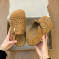 Women's Suede Perforated Buckle Clogs Mules Slides Closed Toe Slip On Breathable Flat Casual Summer Fashion Slippers Shoes Woman