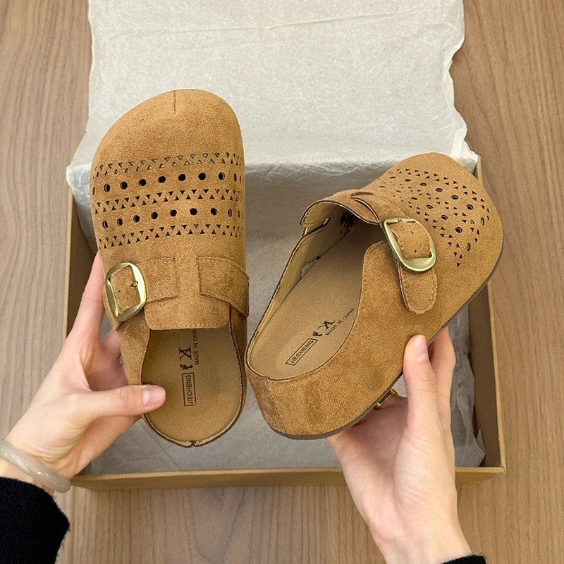 Women's Suede Perforated Buckle Clogs Mules Slides Closed Toe Slip On Breathable Flat Casual Summer Fashion Slippers Shoes Woman