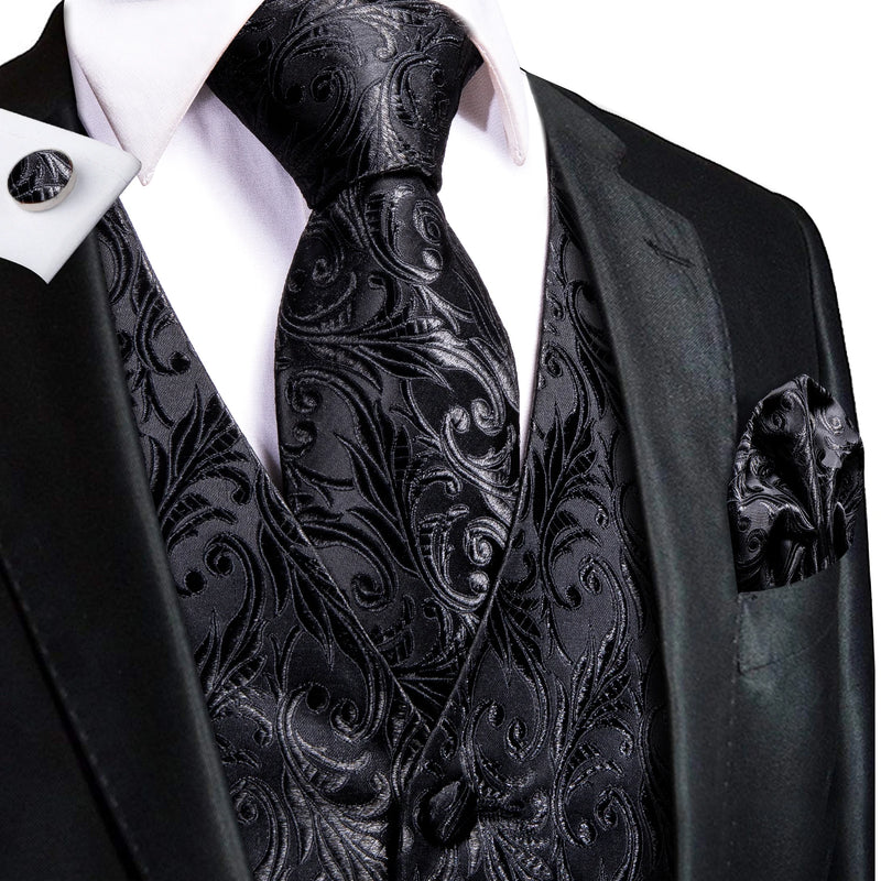 Men's Black Dress Vest Set with Tie Pocket Square Cufflinks - Jacquard Formal Tuxedo Waistcoat Suit Wedding - View 2 | SAMAG