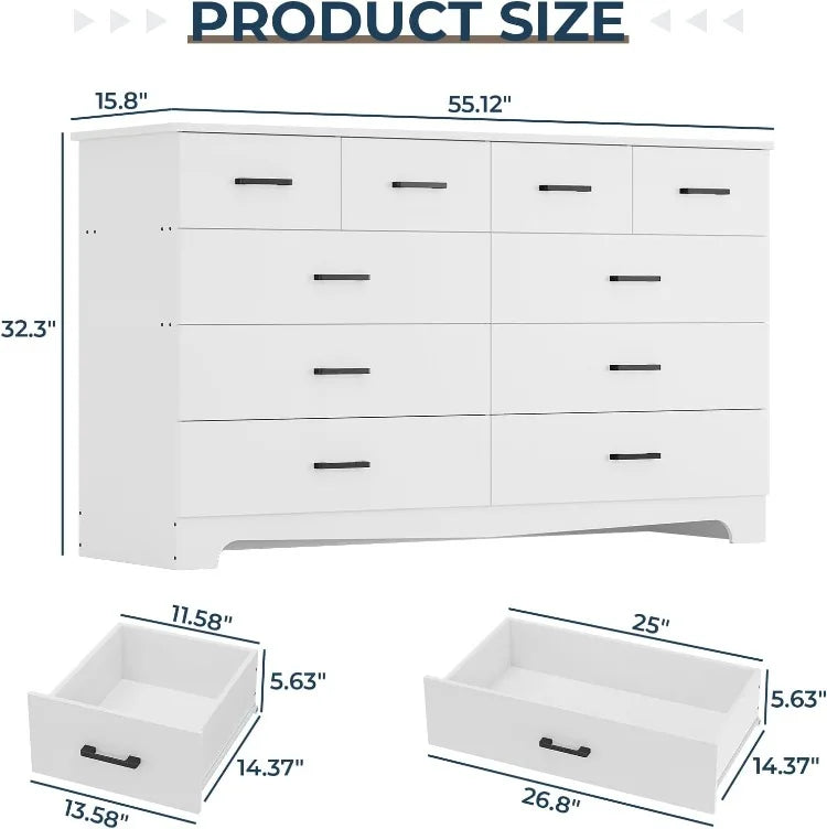 White Dresser 10 Drawers Chest Storage Organizer TV Stand Power Outlets Bedroom Living Room, Customized