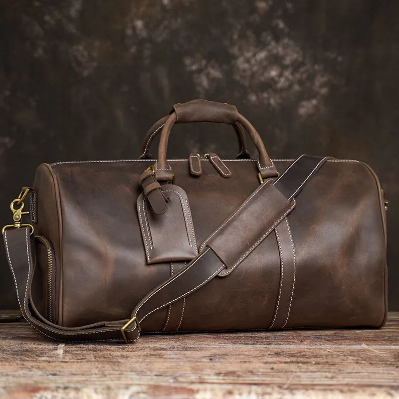 Vintage Men's Travel Bag Genuine Leather Hand Luggage Boston Bag Duffle Large Capacity Shoulder For 16 Inch Laptop NUPUGOO