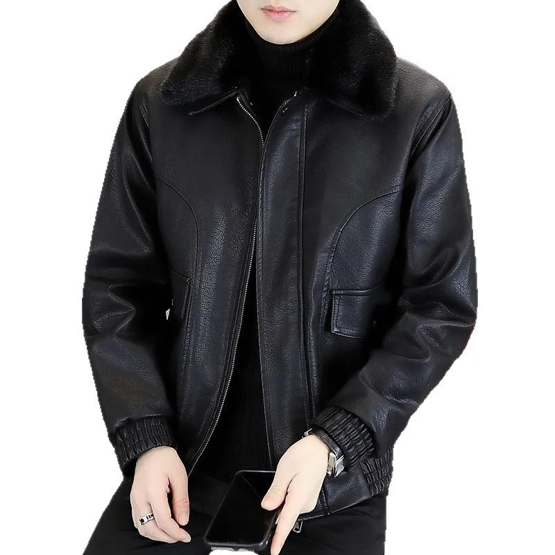 2025Men's Fleece-Lined Thickened Fur Collar Leather Jacket |  Autumn & Winter New Style  High-Quality