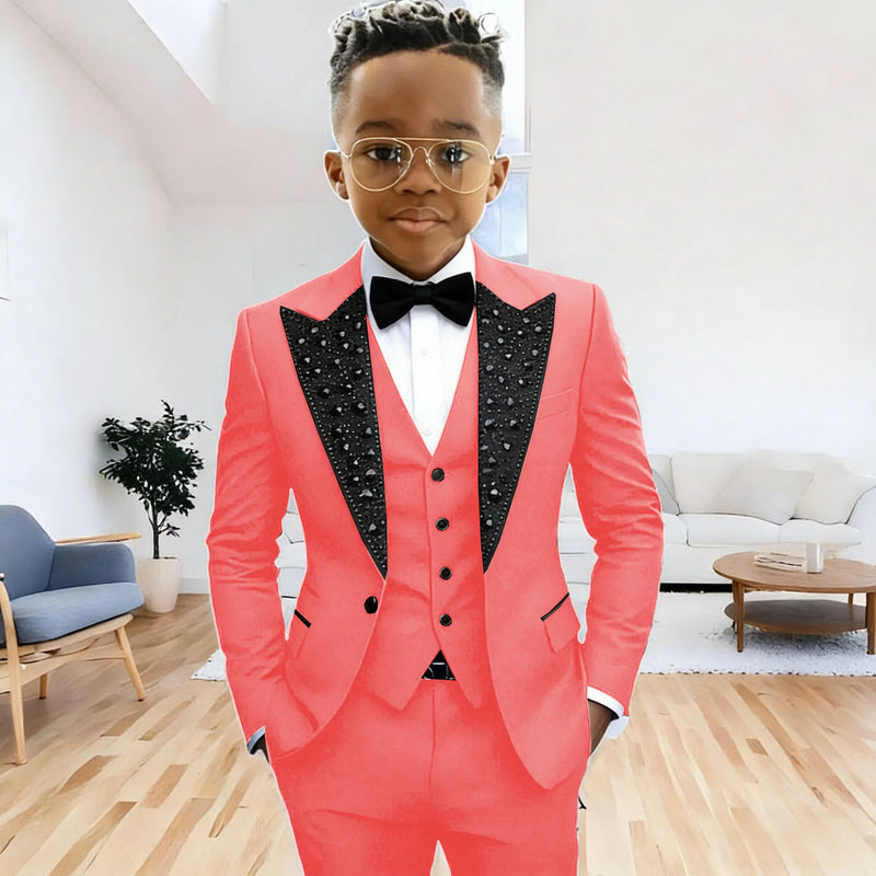 Black Suit for Boys Evening Party Tuxedo Kids Wedding Beaded Crystals Suit 3 Piece Boy Suit Jacket Pants Vest Formal Prom Dress