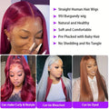 99J Burgundy Pre Colored Straight Lace Frontal Wigs For Women Pre Plucked Invisible Pre Cut Lace Brazilian Hair 13X6 Hd Transparent Lace Front Human Hair Wigs