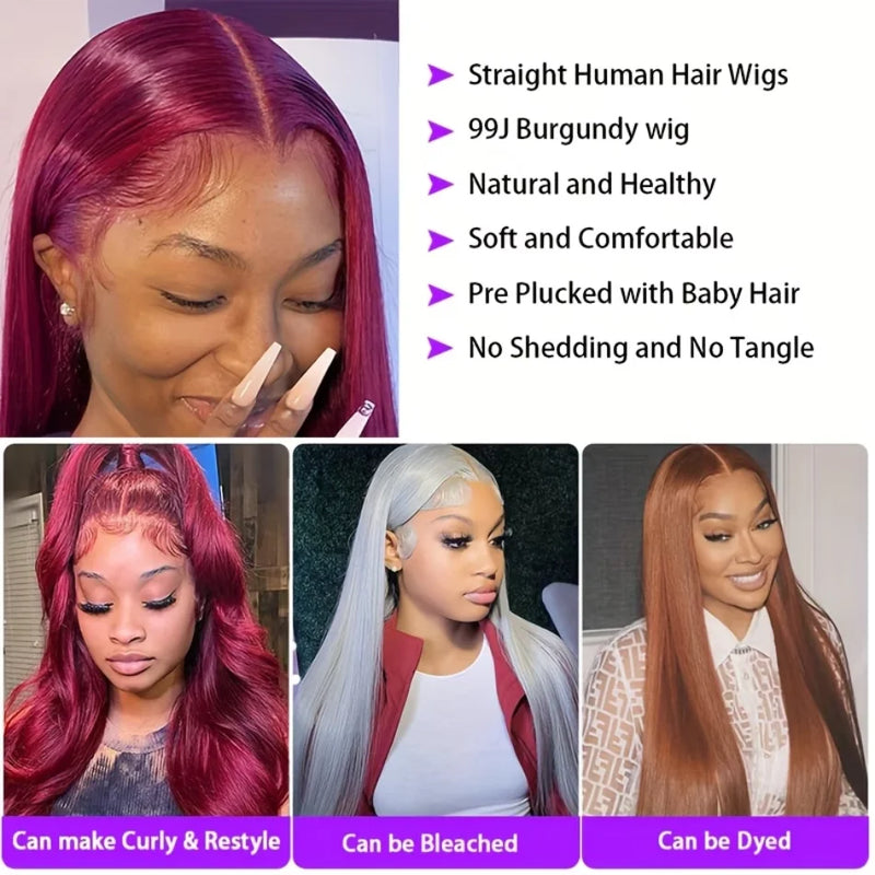 99J Burgundy Pre Colored Straight Lace Frontal Wigs For Women Pre Plucked Invisible Pre Cut Lace Brazilian Hair 13X6 Hd Transparent Lace Front Human Hair Wigs