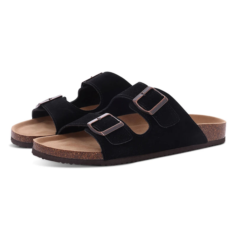 Comwarm Classic Cork Slippers For Women New Fashion Suede Flats Sandals Summer Couple Beach Slides Shoes With Adjustable Buckle