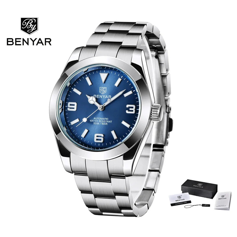 New BENYAR 41mm Men's Automatic Mechanical Watch Classic Blue Stainless Steel 50m Waterproof Luminous Male Business Wristwatch