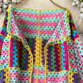 Multicolor Crochet Cardigan Women Sheer Openwork Patchwork Knit Open Front Sweater Jacket  Boho Beach Vacation Festival Outfit