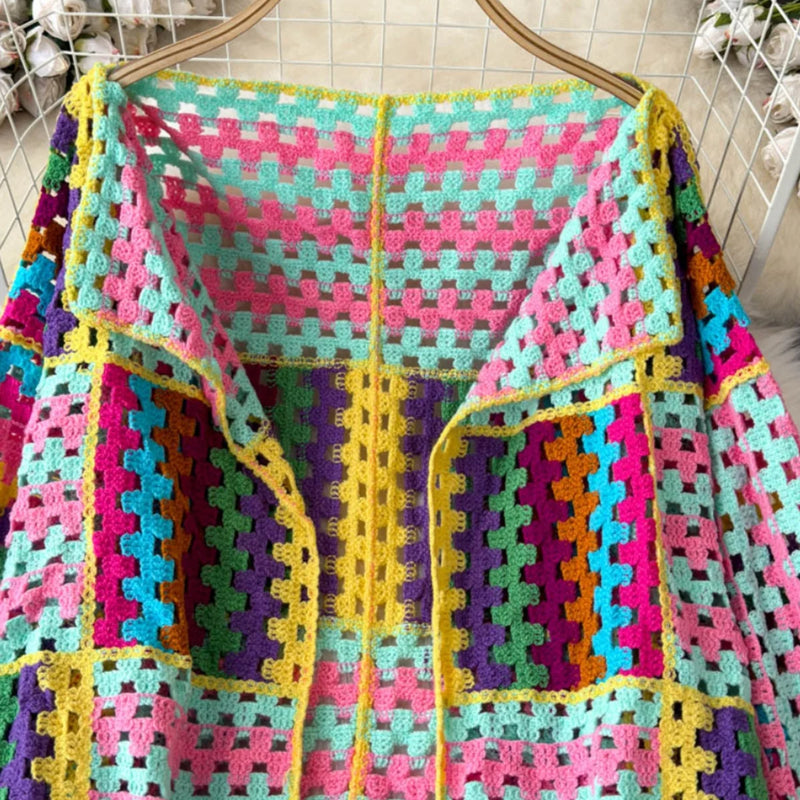 Multicolor Crochet Cardigan Women Sheer Openwork Patchwork Knit Open Front Sweater Jacket  Boho Beach Vacation Festival Outfit