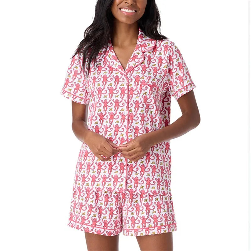 Monkey Print Short Sleeved Spring/summer New Pajama Set Two Piece Set of Women's Pajamas Fashionable and Elegant Style
