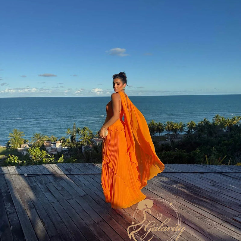 Galarity Luxury Orange Evening Dresses Strapless Pleated | SAMAG