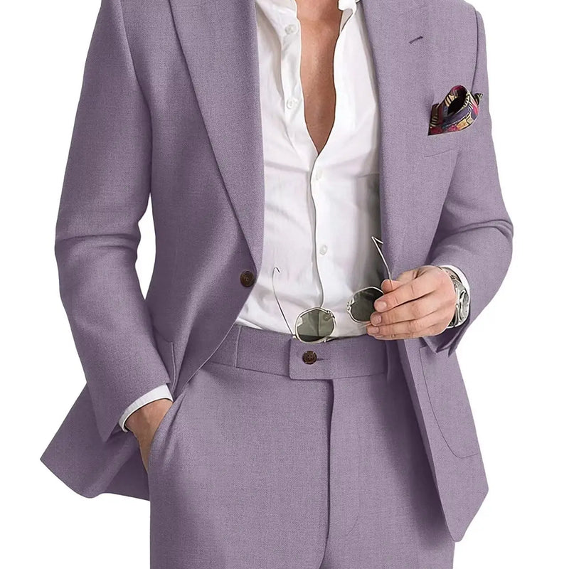 Mens Linen Suit 2 Piece Casual Suits for Men Summer Beach Groom Wedding Suit Linen Blazer Pants Set