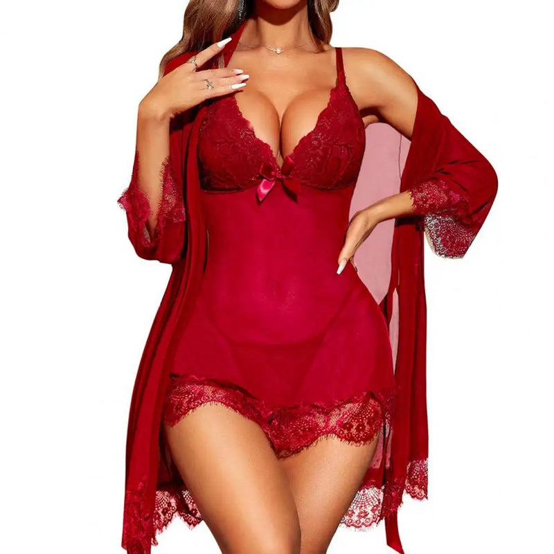 Women Sexy Lace Pajama Set Nightgown And Robe with Thong | SAMAG