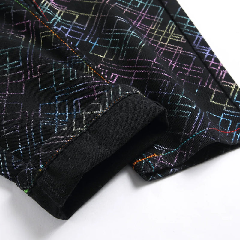 Men's Black Jeans for Spring and Fall, Checkered Print | SAMAG