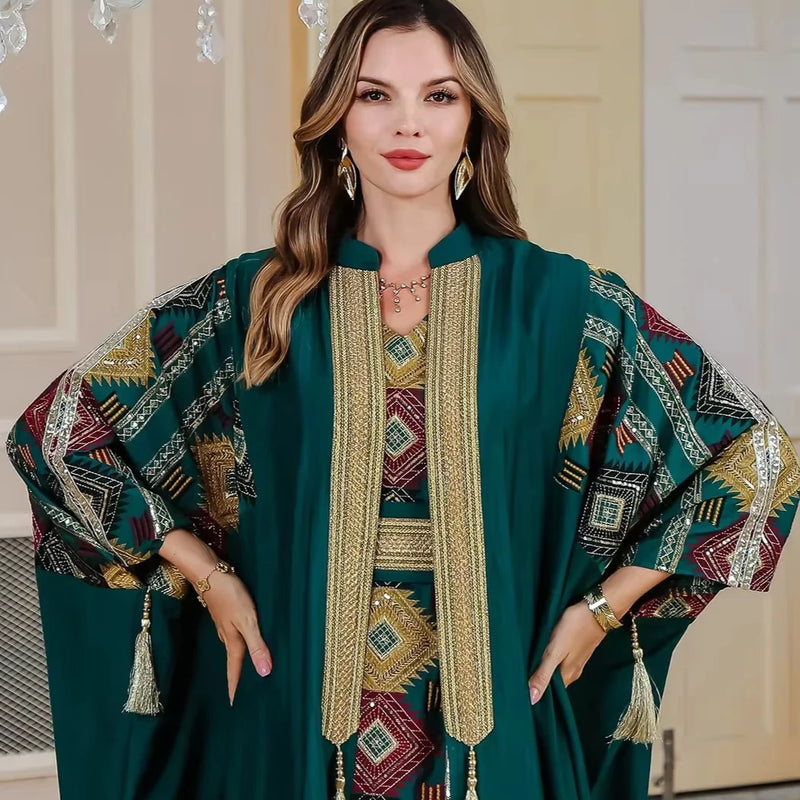 Eid Muslim 2 Piece Set Women Embroidery Dresses Open Abaya Suit Jalabiya Ramadan Dubai Kaftan Party Vestidos Cardigan Robe 2025