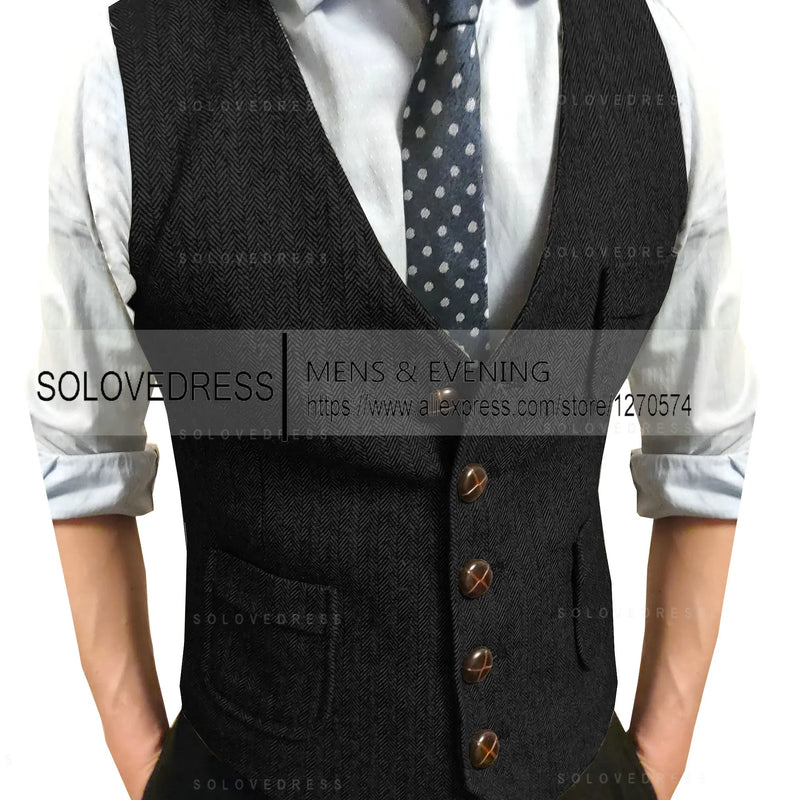 Men's Suit Vest V Neck Notched Lapel Slim Fit Leisure Wool Herringbone Tweed Vest Men for Wedding Groomsmen Mens Waistcoat Vest