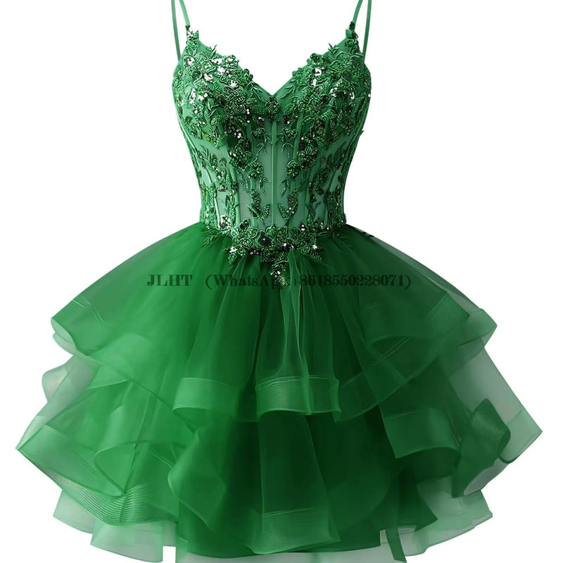Customized Tiered Tulle A Line Homecoming Dress For Teens Sparkly Lace Applique Beaded Short Prom Dress Mini Cocktail Party Gown