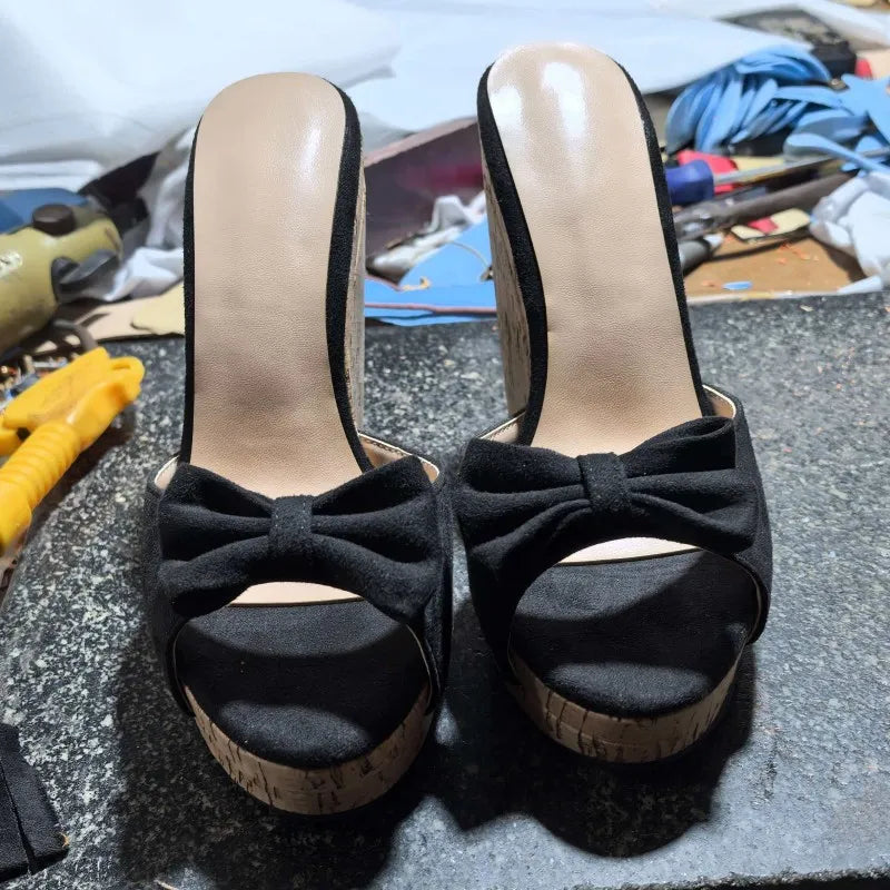 SHOFOO Women's Fashion High-Heeled Slippers Suede Bow Design Black/White 12cm Heel Height Comfortable Slip-On Shoes Wedges shoes