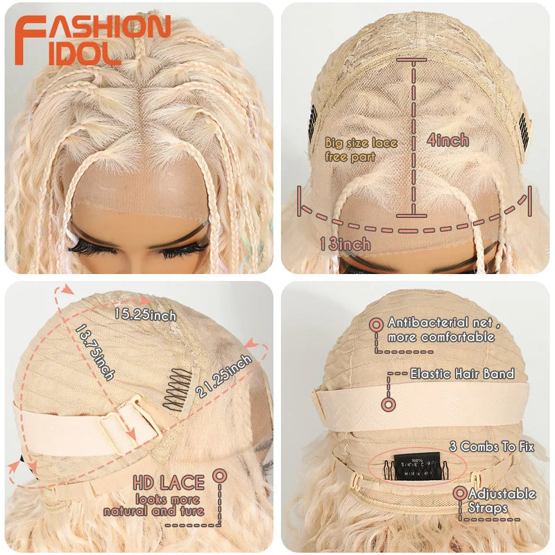 FASHION IDOL 13x4 Twist Box Braided Lace Frontal Wigs For Women Synthetic Braids Wigs Ivory White Faux Locs Goddess Lace Wigs