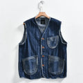 Spring Autumn Jacquard Cowboy Vest V-neck Single breasted Men Vests Jacket Japanese Casual Fashion Loose Sleeveless Denim Coat