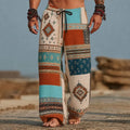 Men's Color‑Block Aztec Tribal Geometric Print Wide Leg Harem Pants Elastic Drawstring Trousers For Boho Beach | SAMAG