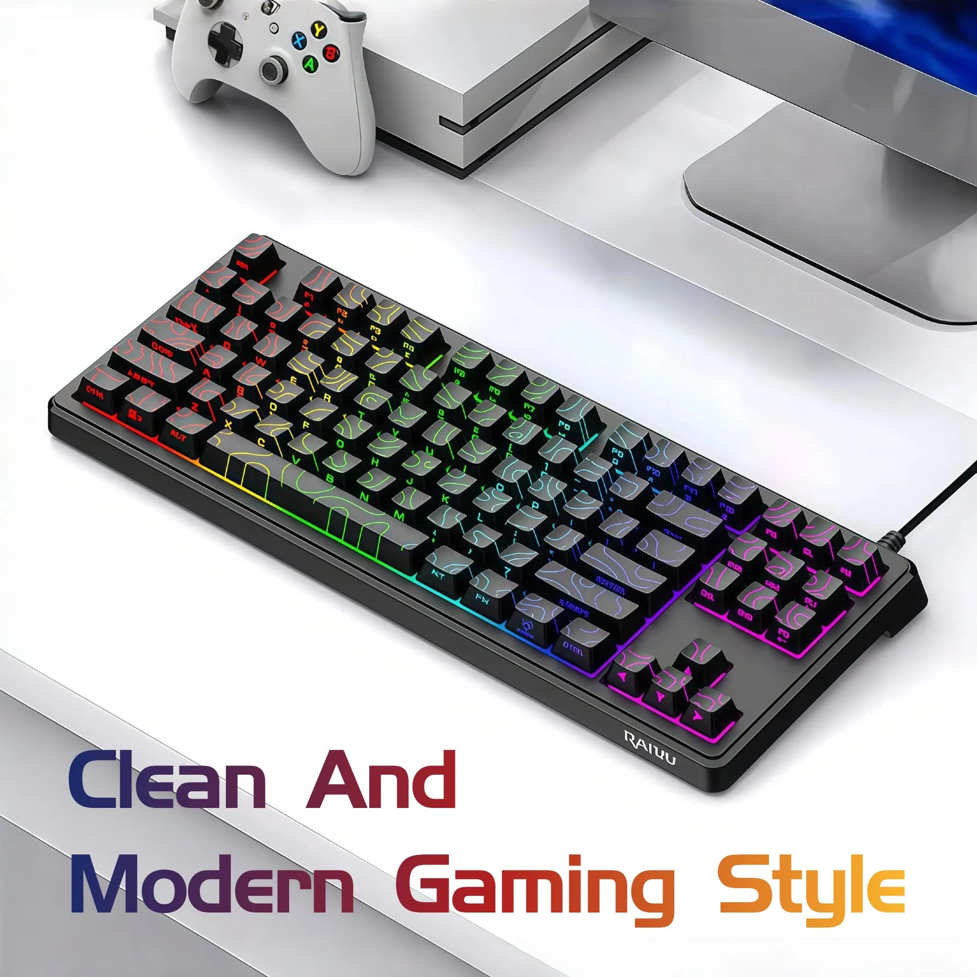 87 Key Compact Wired Keyboard RGB Backlit TKL Keyboard White Black USB Mechanical Feel Keyboard for PC Laptop Anti-Ghosting Rainbow LED Office Study Keyboard for Students College Dorm Desk Setup Back to School Gift Desktop Ac