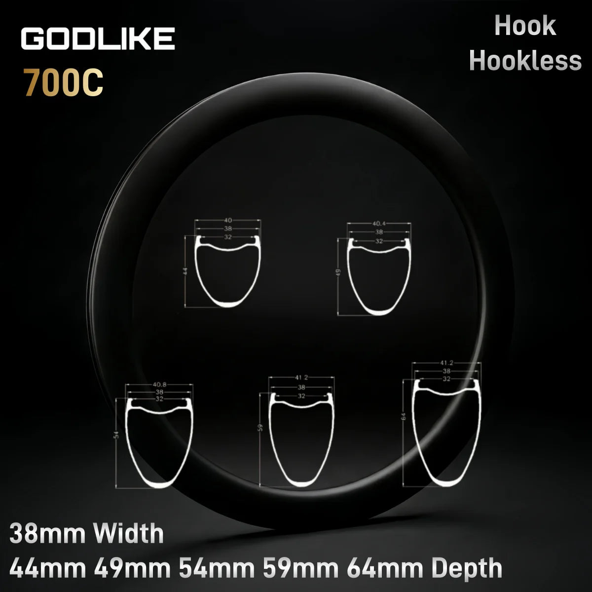 GODLIKE 38mm Wide Road Gravel Carbon Rim 44/49/54/59/64mm Deep Hook Hookless Symmetry Bicycle Wheel 32mm Inner Clincher Tubeless