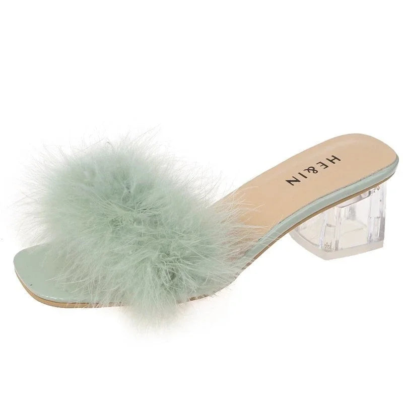 Fashion Slippers Women's Summer New Open Toe Plush Fox Fur Chunky with Flip Flops Sexy Home Banquet Square Toe Simple Pumps