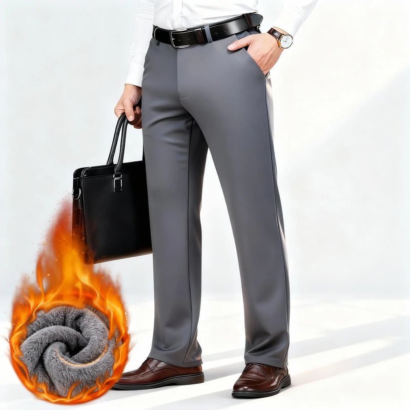 Winter Fleece Warm Business Formal Pants Men Classic Work Office Grey Elastic Waist Suit Thicked Thermal Trousers Plus